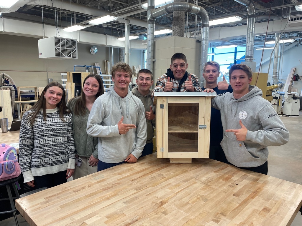 High school students standing around the little library they built