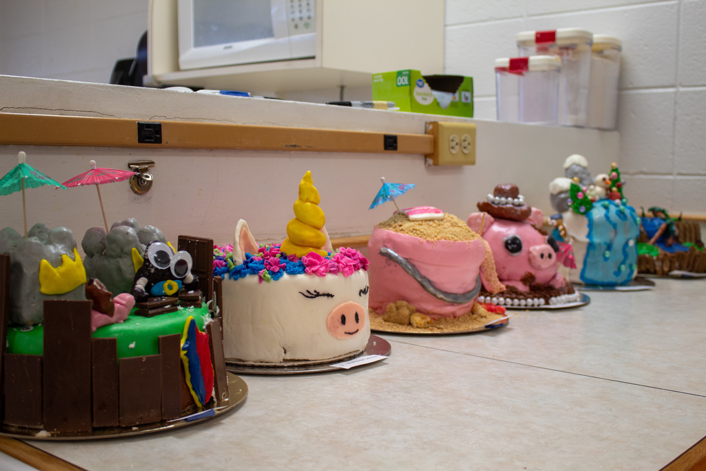 Students decorated cake in a line