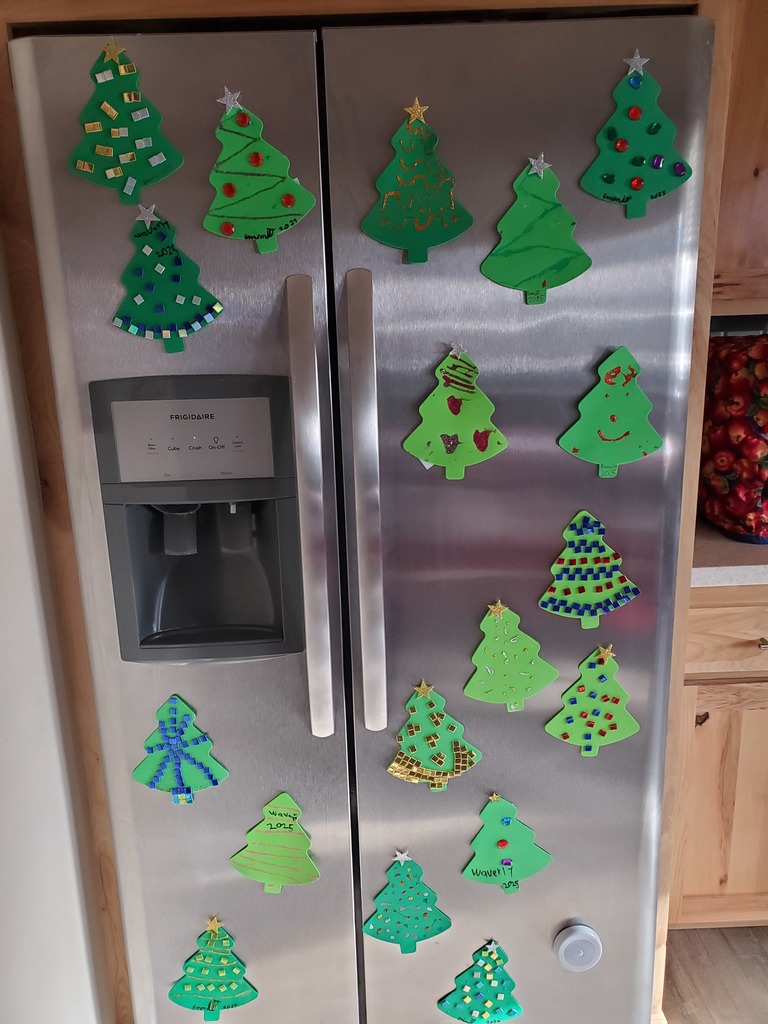 Christmas Tree magnets on fridge