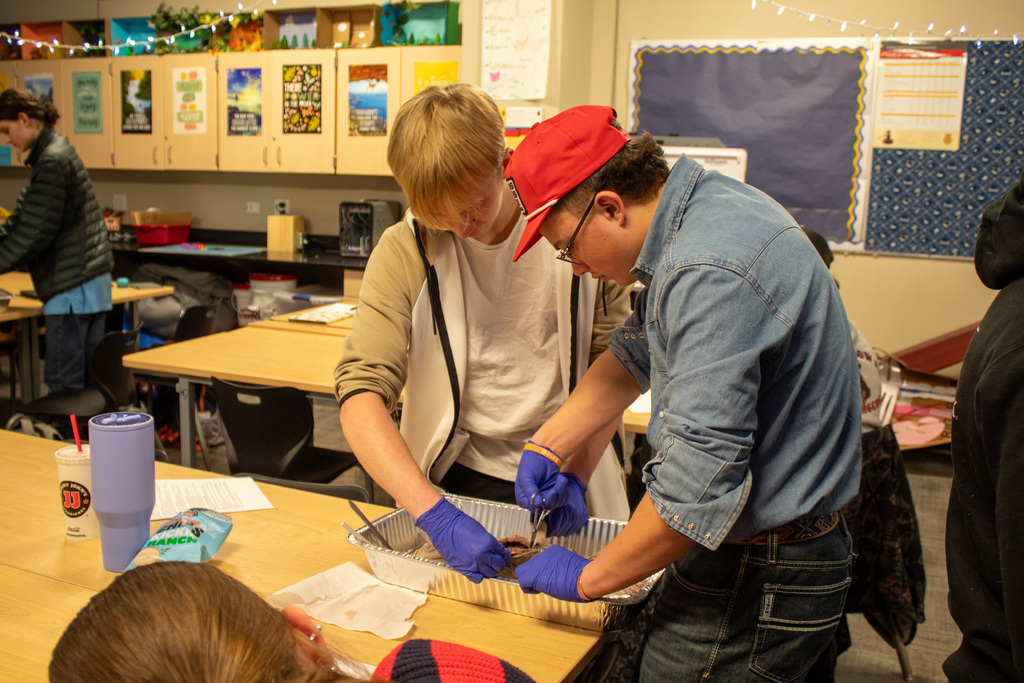 two young men working on science project
