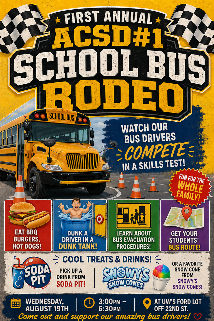 School Bus Rodeo Information Flyer, Event takes place on August 19th from 3pm-6:30PM at the UW Ford Lot off 22nd street