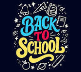 Black background, with chalk white school supplies surrounding the words Back to school. Back is the color blue, to is the color red, school is the color yellow.