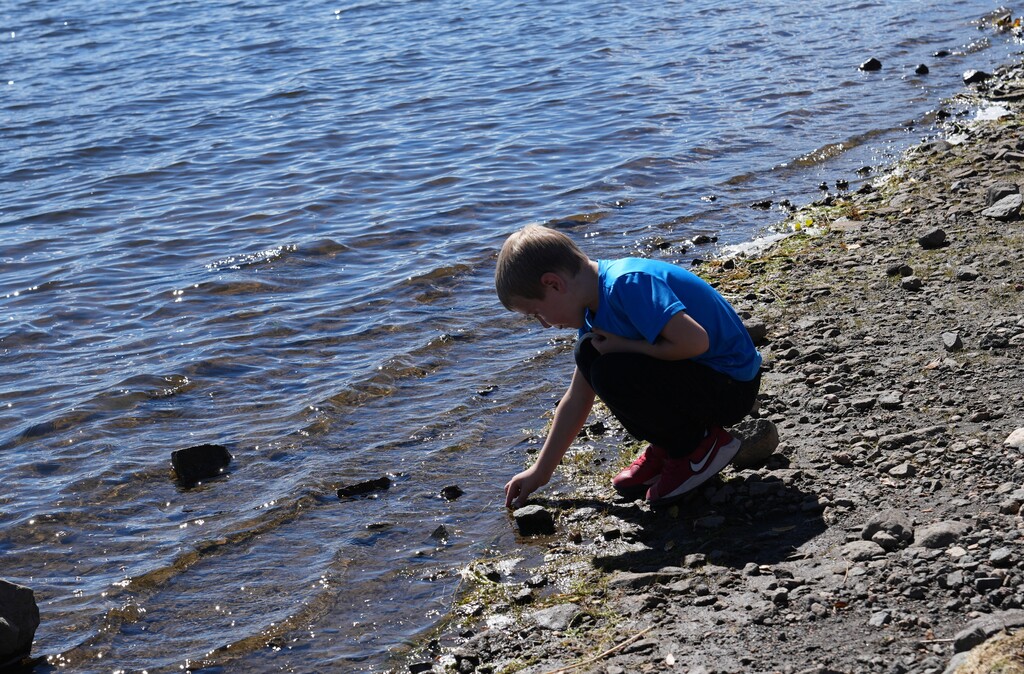 young boy in blue shirt touching the edge of a lake
