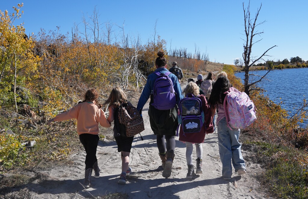 Group of girls walking hand in hand down a pathway