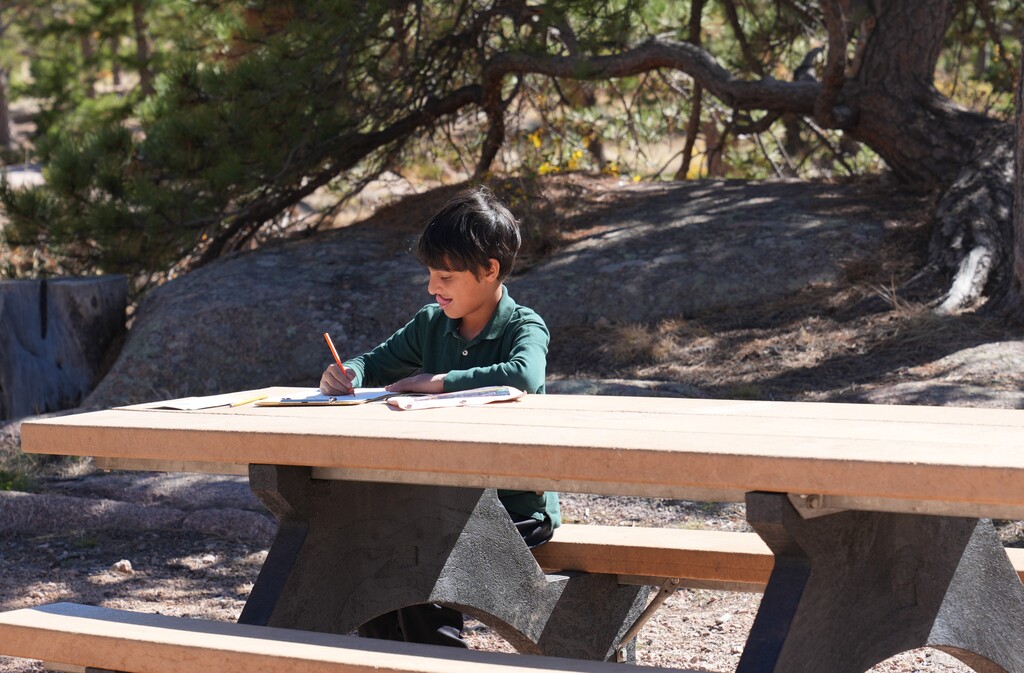 Boy in green shirt drawing at a picnic table