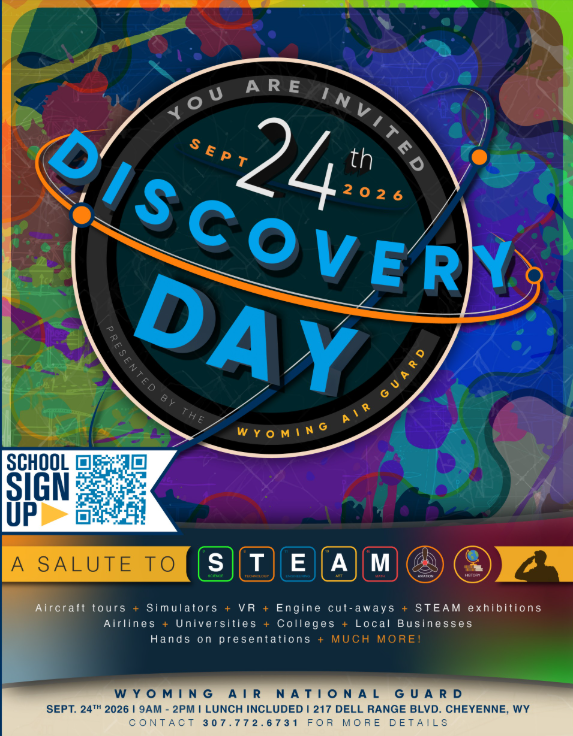 Event flyer reading "You Are Invited to 2024 Discovery Day: A Salute to STEAM" featuring colorful gear and abstract graphics.