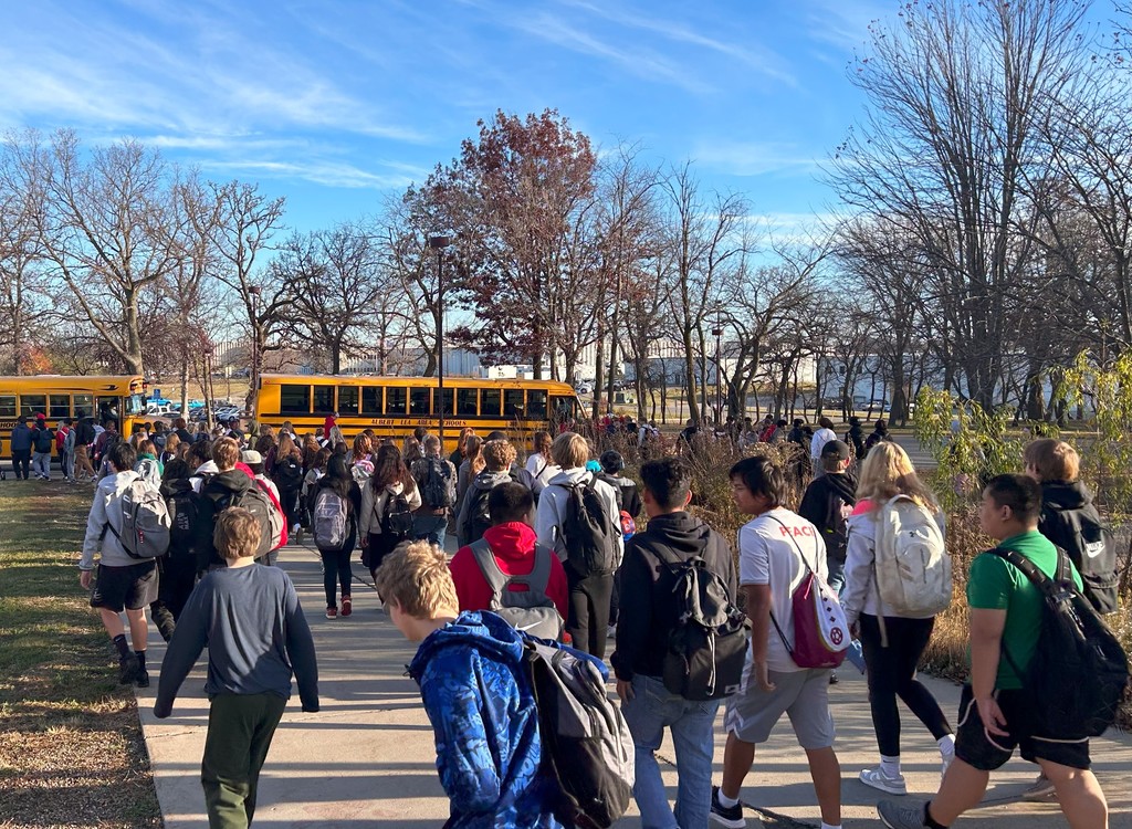 Students walking to their buses.