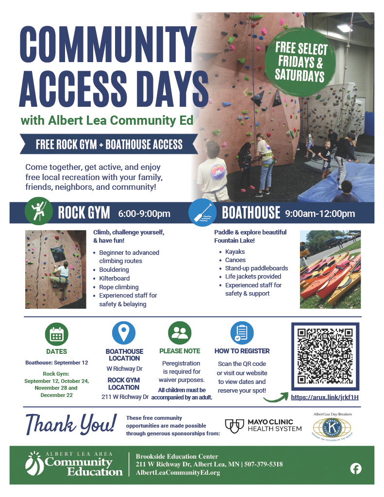 Dates for Free Rock Gym + Boathouse Access!