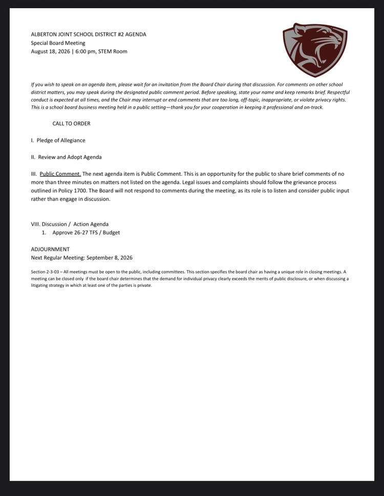 special board meeting 8/25 at 6pm