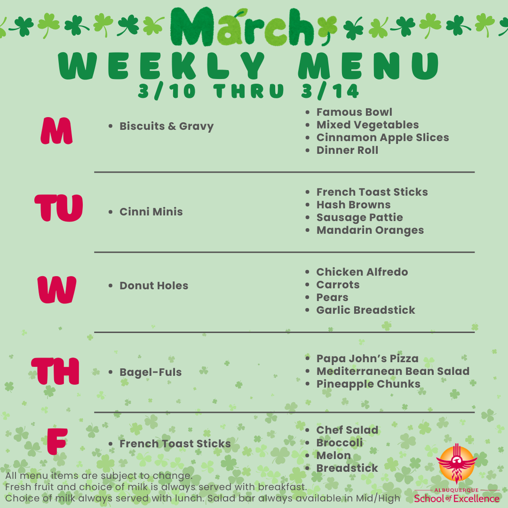 Lunch menu 3/10-3/14