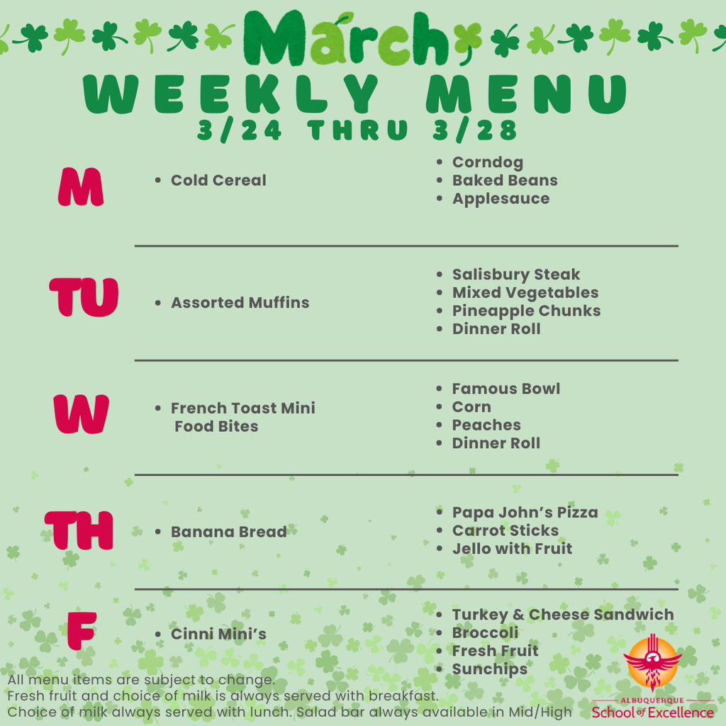 Lunch menu 3/24-3/28