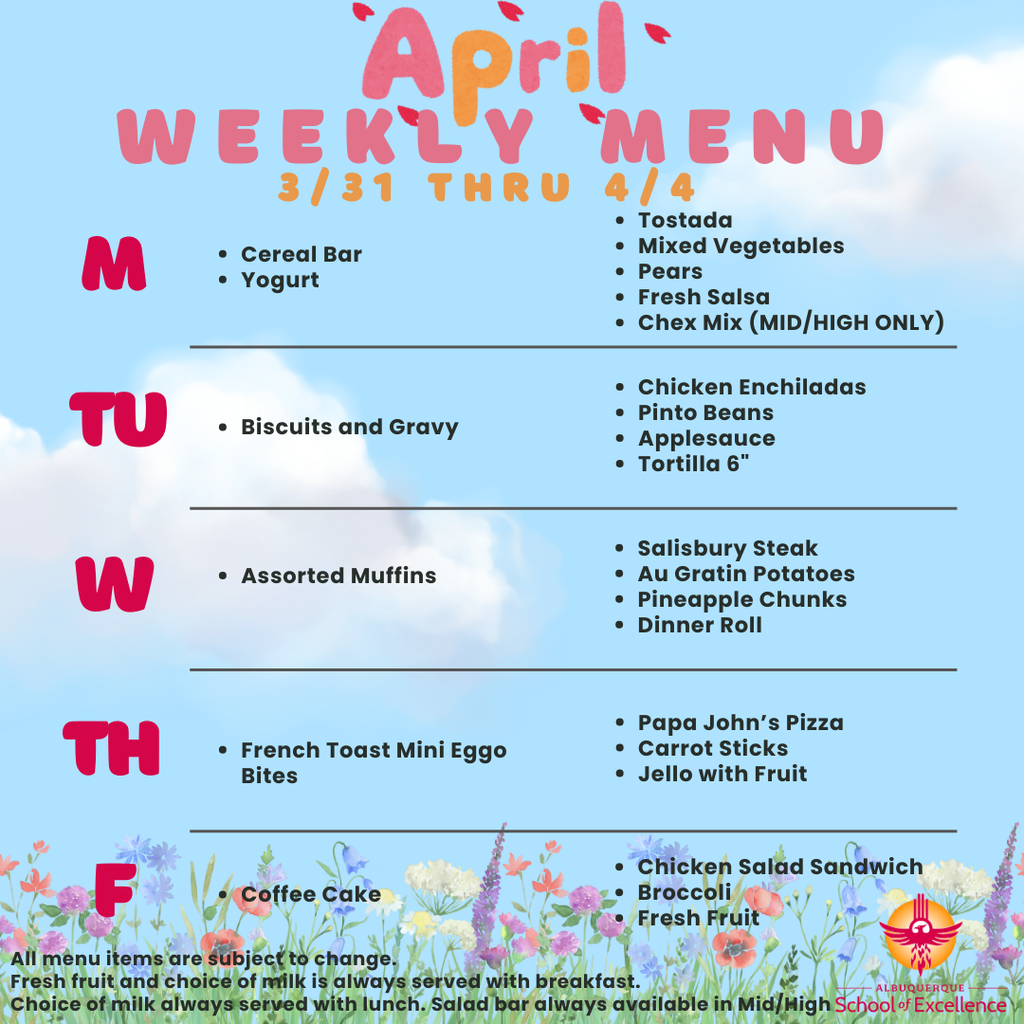 Lunch Menu 3/31 - 4/4