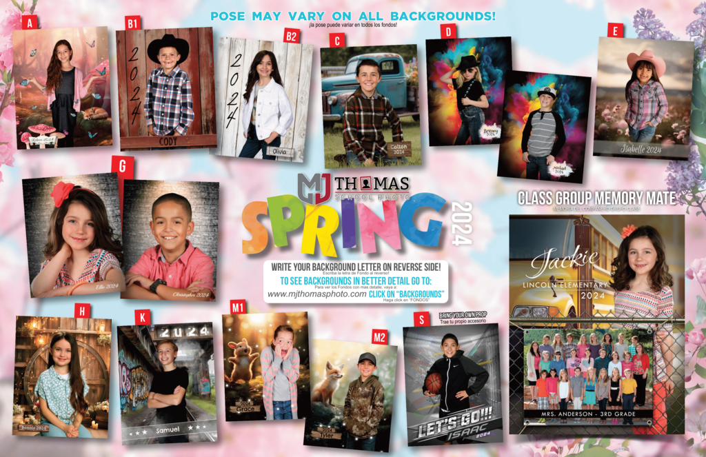 MJ Thomas Spring 2024 School Pictures. Features samples of 10 backgrounds to choose from and a class group memory mate for K-5.