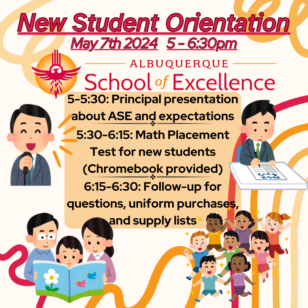 New Student Orientation information with various cartoon characters