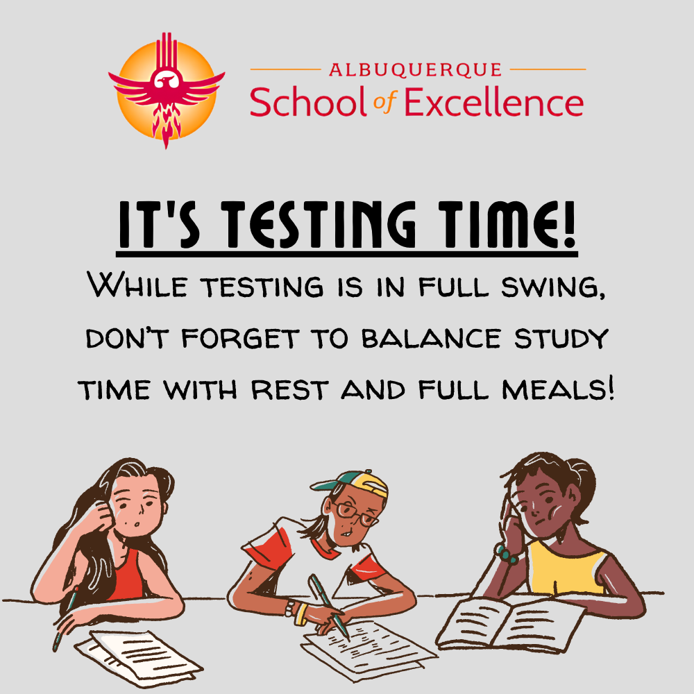 students taking tests at the bottom, text reading "it's testing time! while testing is in full swing, don't forget to balance study time with rest and full meals!"