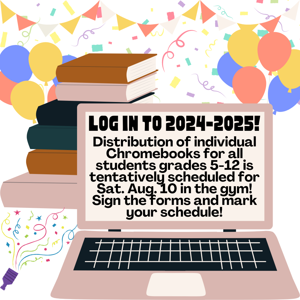 Image of confetti and balloons behind books and a laptop sharing information provided in post