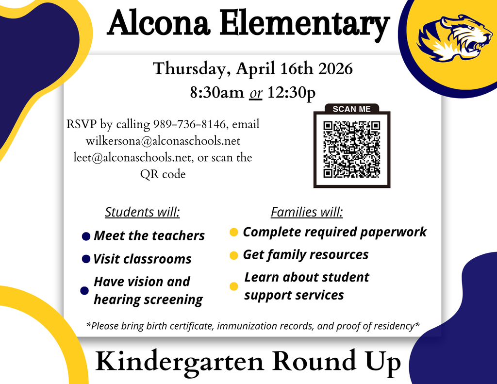 Kindergarten Round Up, April 16th 2026. 8:30am or 12:30pm