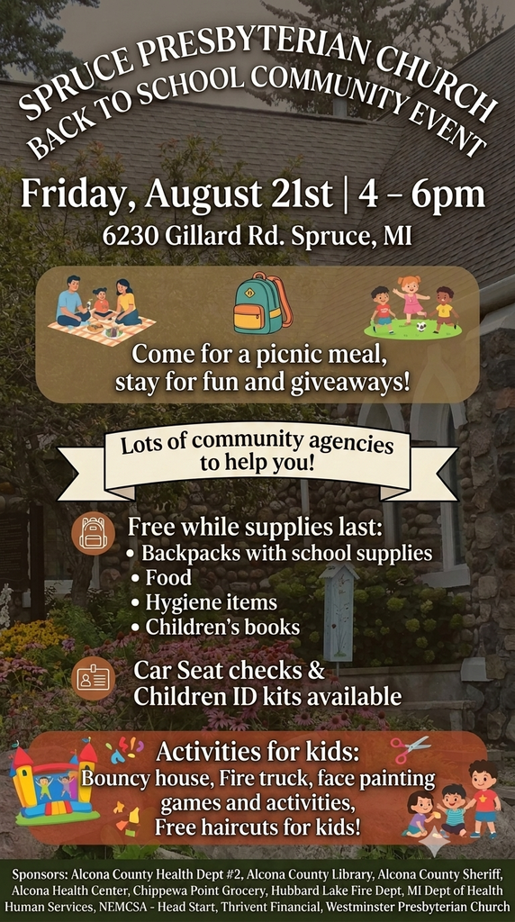 Check it out! On Friday, August 21 Spruce Presbyterian Church is hosting a back to school community event. Not an ACS sponsored event.