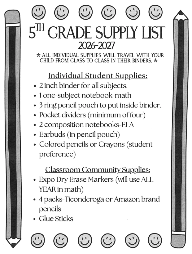 5th Grade Supply List 26/27
