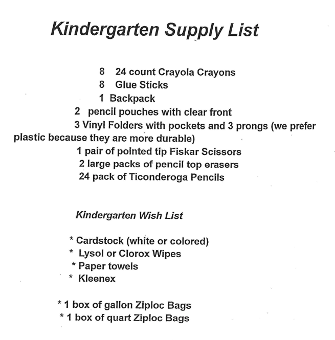 Kindergarten Supply List 26/27