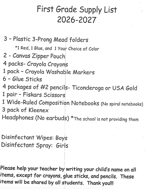 1st Grade Supply List 26/27