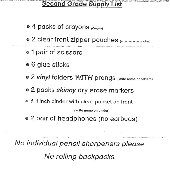 2nd Grade Supply List 26/27