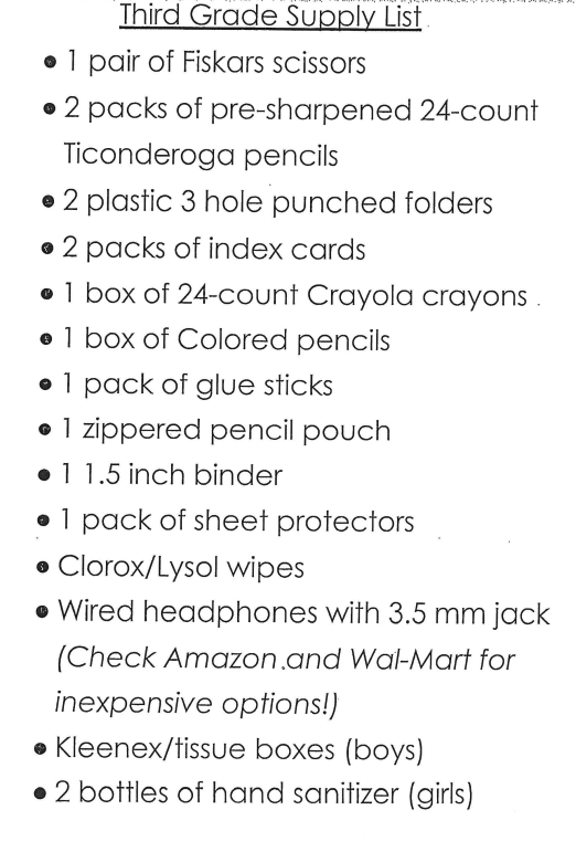 3rd Grade Supply List 26/27