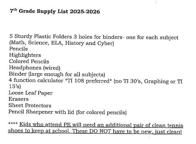 7th Grade Supply list 25/26