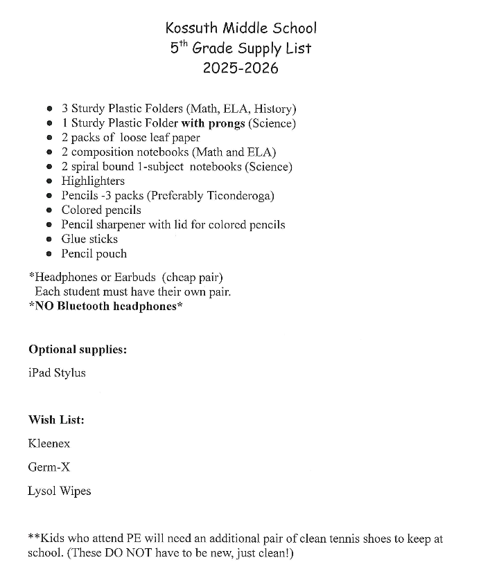 5th Grade Supply list 25/26