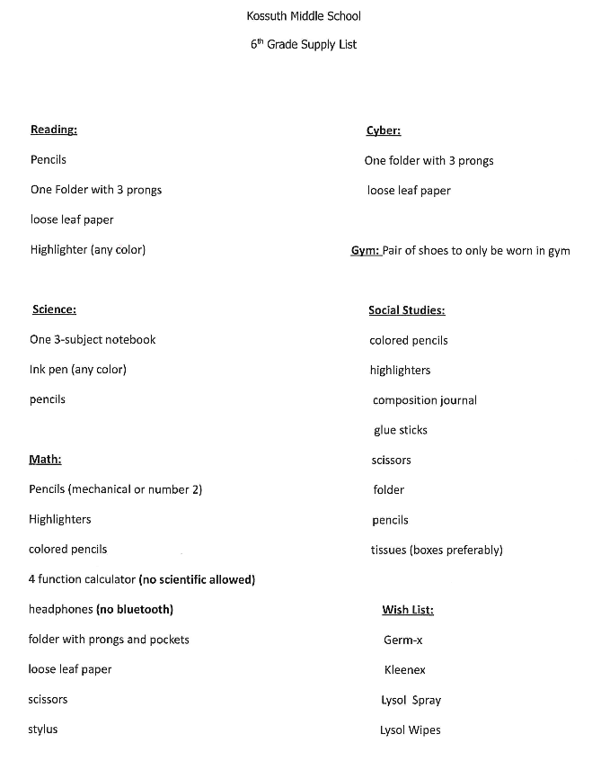 6th Grade Supply list 25/26