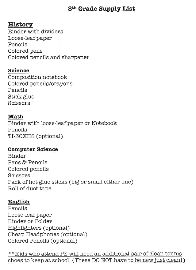 8th Grade Supply list 25/26