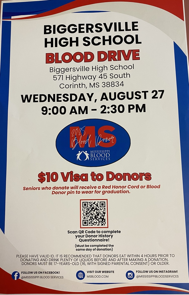 Blood Drive hours 9:30 am - 2:30 pm  sign up times are posted outside Mrs. Lira’s door… anyone eligible can donate for a senior 