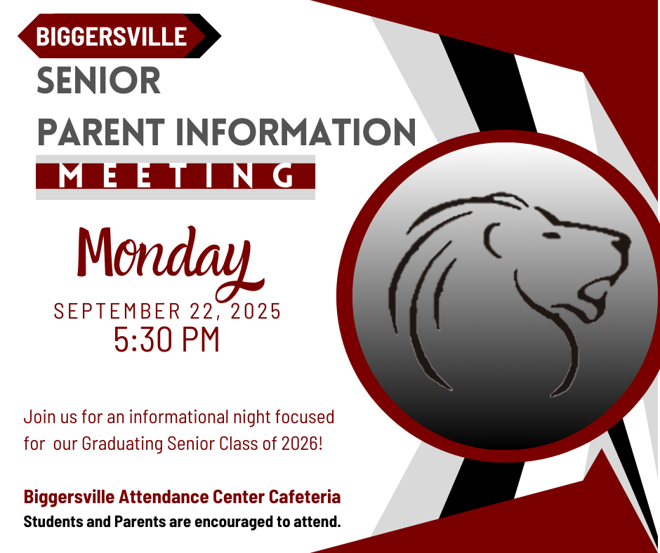 Senior Parent Information Meeting, Monday, Sept. 22, 2025 at 5:30 pm.