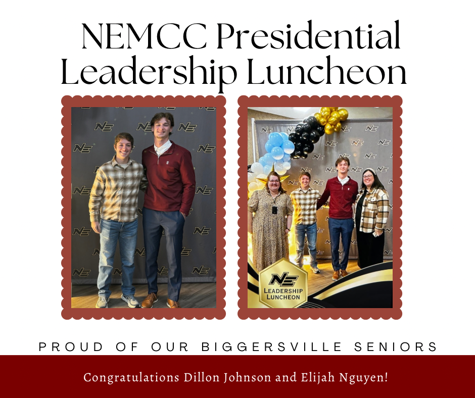 Seniors Dillon Johnson and Elijah Nguyen at NEMCC Presidential Luncheon.