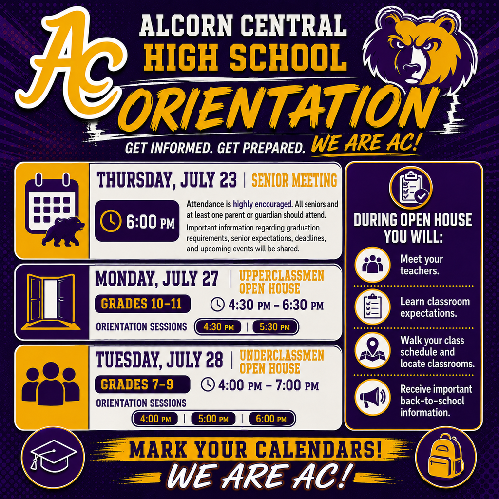 ACHS Orientation 2026 Graphic with times and dates.