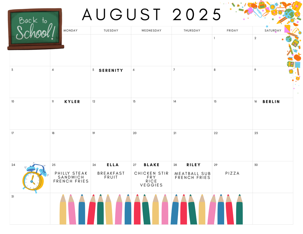 August Lunch Menu