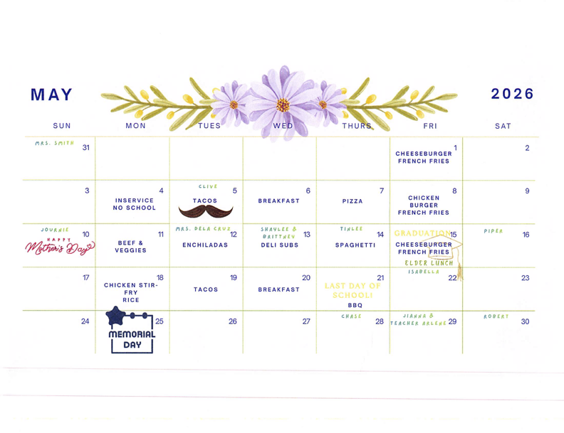 May Lunch Calendar