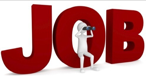 A cartoon figure searching with binoculars sitting on a graphic of the word JOB .
