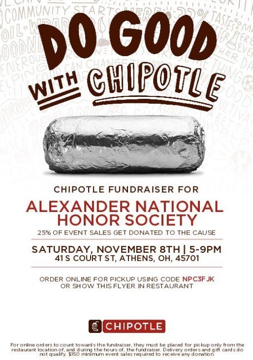 flyer for the chipotle fundraiser for the National Honor Society at Alexander High School - 11/8/2025 at 5 pm in Athens Ohio
