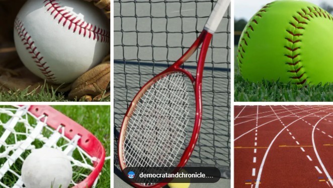 picture of various spring sport activities including a baseball, softball, and running track as well as a lacross and tennis racket