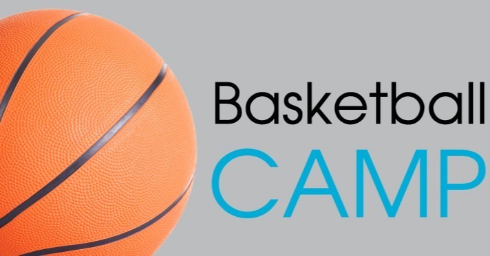 a graphic of an orange basketball with the words "basketball camp" beside it