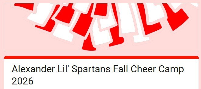picture of a graphical pom pom that is red and white with the following words under it: "Alexander Lil" Spartans Fall Cheer Camp 2026"