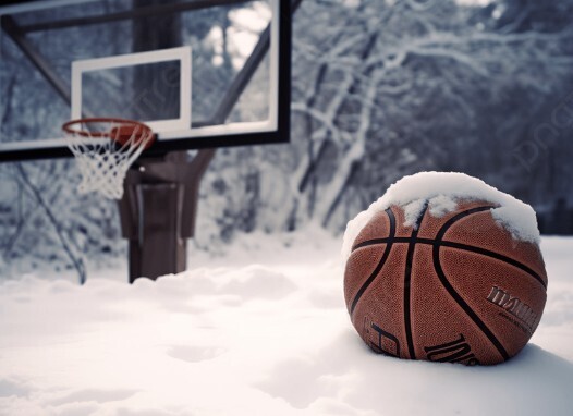 a basketball sitting in the snow by a basket