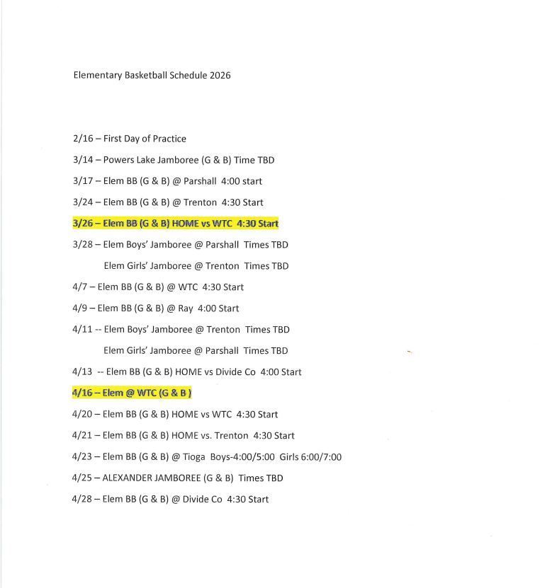 Elementary Basketball Schedule