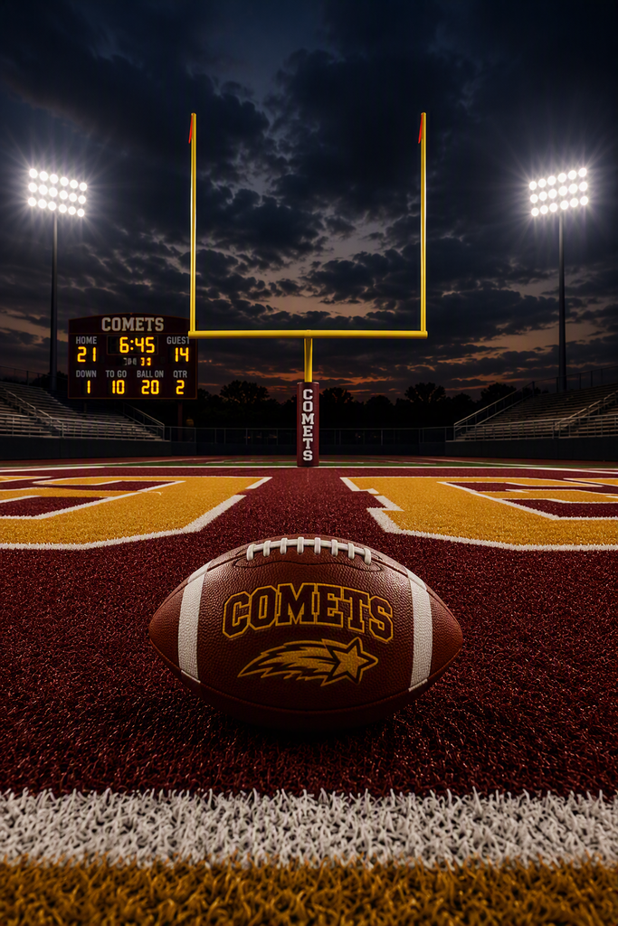 Comets football on the end zone turf at night, with goalposts, stadium lights, bleachers, and a scoreboard in the background.