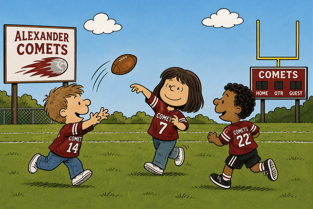 Cartoon illustration of three children in red Comets jerseys playing football on a field, with goalposts, a scoreboard, and an Alexander Comets sign in the background.