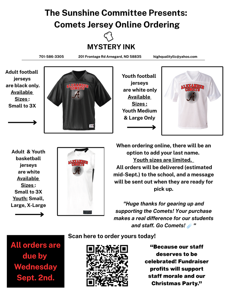 Fundraiser flyer for Alexander Comets jersey sales presented by the Sunshine Committee. The flyer features images of three jersey options: a black adult football jersey, a white youth football jersey, and a white basketball jersey. Adult football jerseys are available in sizes Small through 3X, youth football jerseys are available in Youth Medium and Large, and basketball jerseys are available in adult sizes Small through 3X and select youth sizes. Personalized names can be added to online orders. A QR code is provided for ordering. Orders are due by Wednesday, September 2, and will be delivered to the school for pickup in mid-September. Fundraiser proceeds support staff morale and the annual staff Christmas party.