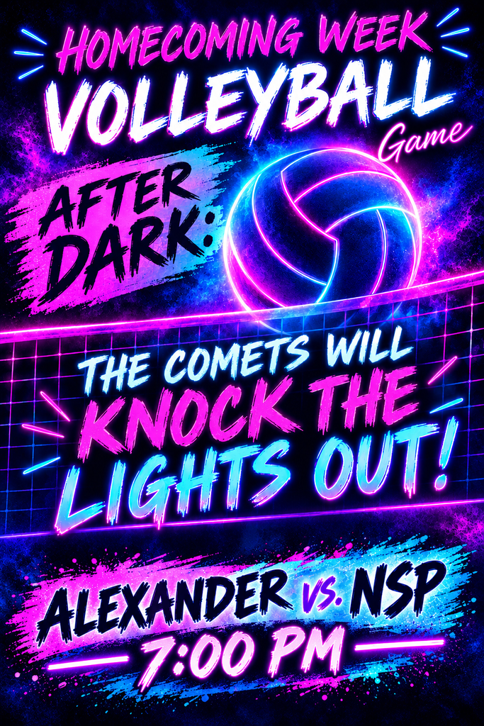 Neon-style Homecoming Week volleyball game poster with a black background and bright purple, pink, and blue glowing graphics. The flyer features a large volleyball above a volleyball net and the theme “After Dark.” Text reads “Homecoming Week Volleyball Game,” “The Comets Will Knock the Lights Out!,” and “Alexander vs. NSP.” The game time is listed as 7:00 PM. The design uses glowing neon effects, splash graphics, and electric colors to match the Homecoming “After Dark” theme.
