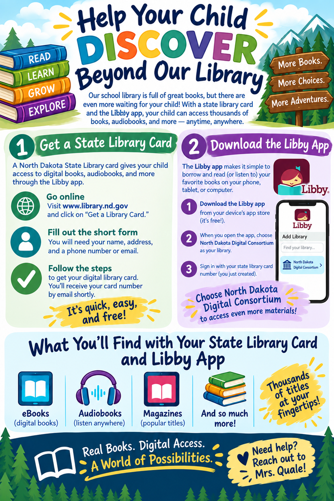 Colorful educational flyer titled “Help Your Child Discover Beyond Our Library.” The flyer encourages families to obtain a North Dakota State Library card and use the Libby app to access additional reading materials. Graphics include a stack of books labeled “Read, Learn, Grow, Explore,” mountains and trees, a smartphone displaying the Libby app, and signs reading “More Books,” “More Choices,” and “More Adventures.”  The flyer includes two main steps:  Step 1: Get a State Library Card Instructions explain how to visit library.nd.gov, complete a short form, and receive a digital library card. A message highlights that the process is quick, easy, and free.  Step 2: Download the Libby App Directions explain how to download the free Libby app, select the North Dakota Digital Consortium, and sign in using a state library card number.  The bottom section highlights available resources, including:  eBooks Audiobooks Magazines Additional digital materials  Additional text promotes “Thousands of titles at your fingertips” and “Real Books. Digital Access. A World of Possibilities.” A note at the bottom encourages families to contact Mrs. Quale for assistance. The flyer uses bright blue, green, purple, yellow, and orange colors with a reading and outdoor adventure theme.