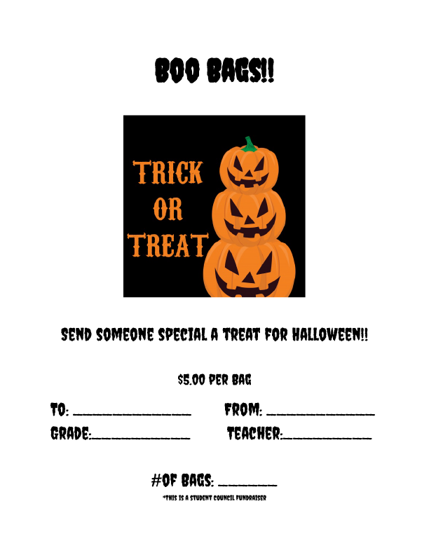 Halloween-themed fundraiser flyer titled“Boo Bags!!” encouraging students to send a Halloween treat to someone special. The flyer advertises Boo Bags for $5.00 each and includes blanks for the recipient's name, sender's name, grade, teacher, and number of bags ordered. A note at the bottom states that the fundraiser supports Student Council. The design features Halloween decorations and a festive seasonal theme focused on spreading Halloween cheer through treat bags.